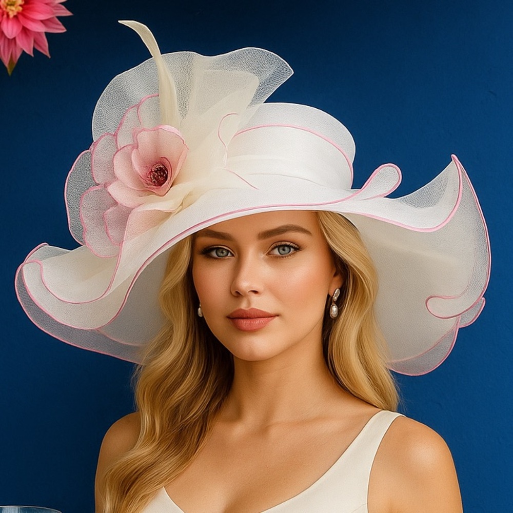 Elegant White and Pink Women's Kentucky Derby Wide Brim Formal Occasion Hat